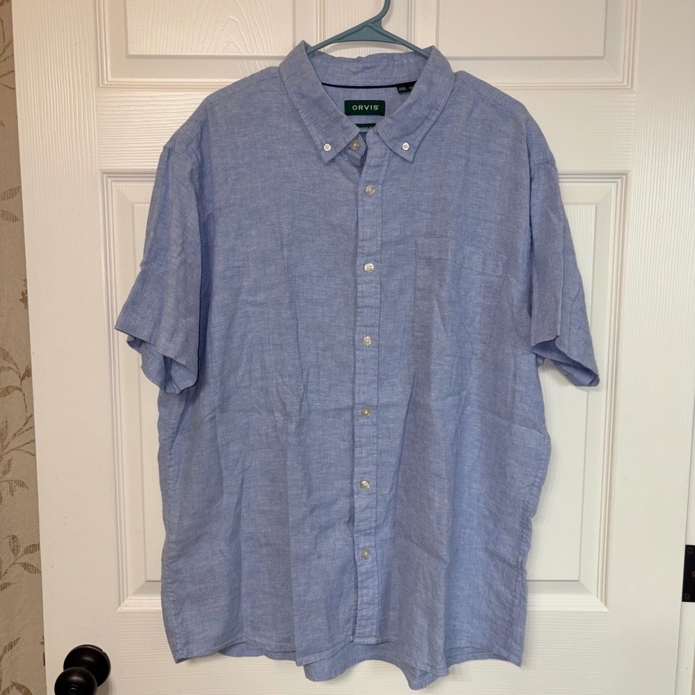 Orvis Mens XXL Blue Linen Blend‎ Short Sleeve Button Down Classic Fit Shirt SP23